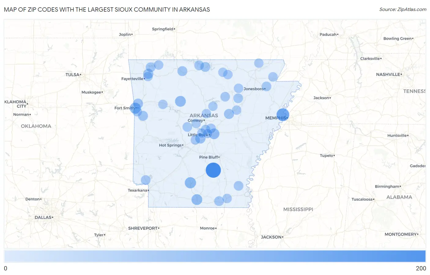 Zip Codes with the Largest Sioux Community in Arkansas Map