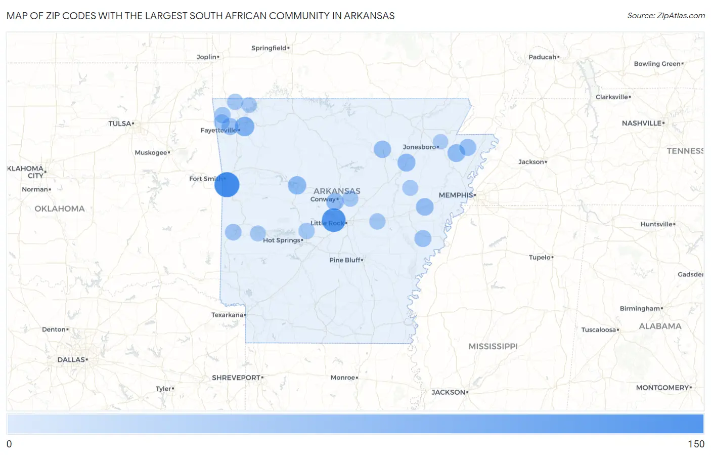 Zip Codes with the Largest South African Community in Arkansas Map