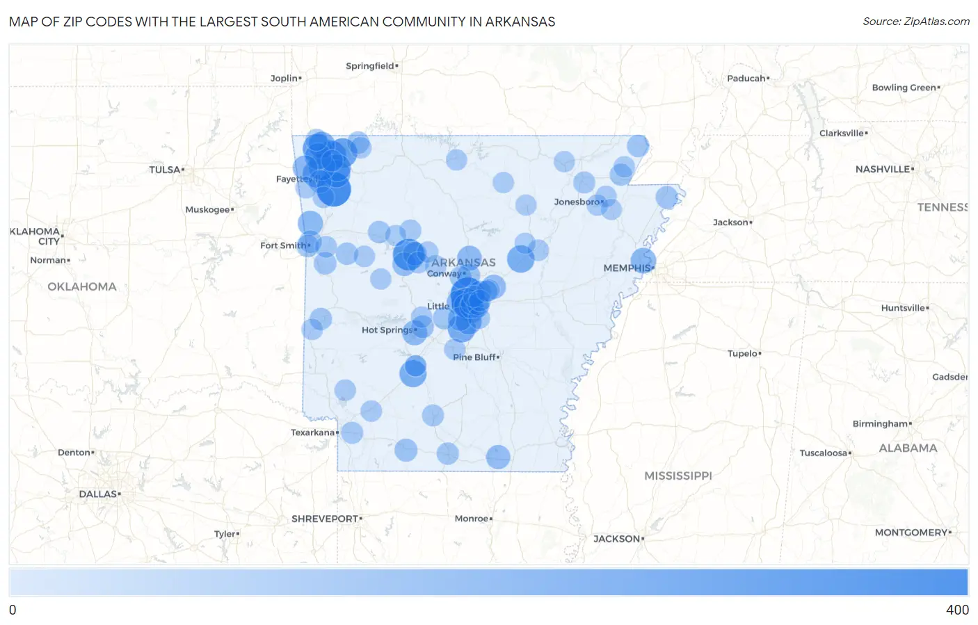 Zip Codes with the Largest South American Community in Arkansas Map