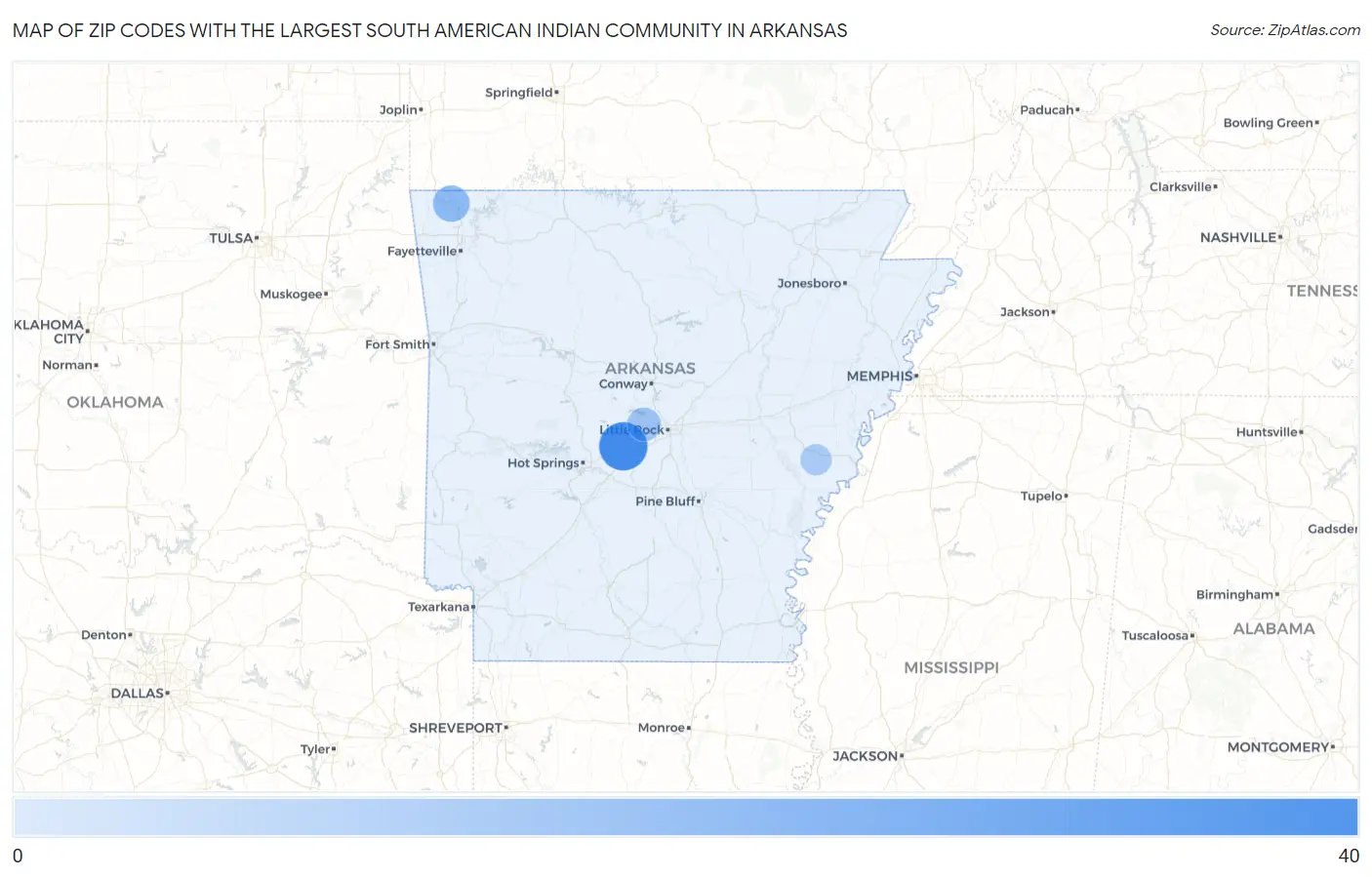 Zip Codes with the Largest South American Indian Community in Arkansas Map