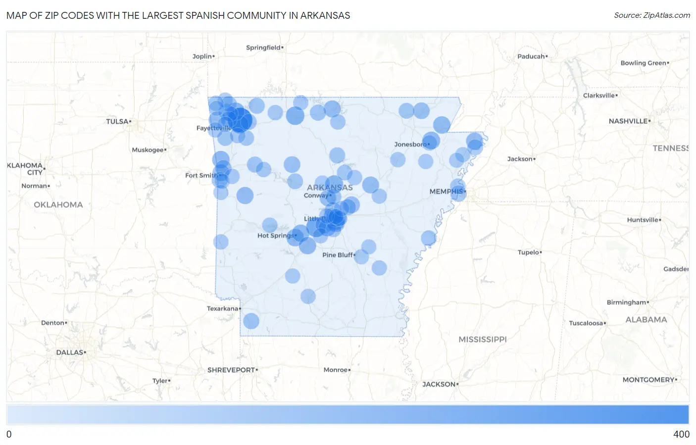 Zip Codes with the Largest Spanish Community in Arkansas Map
