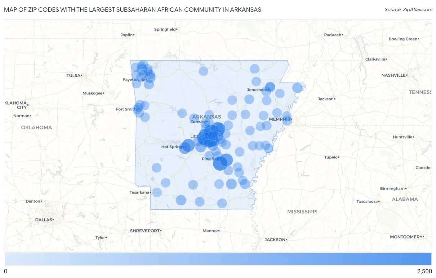 Zip Codes with the Largest Subsaharan African Community in Arkansas Map