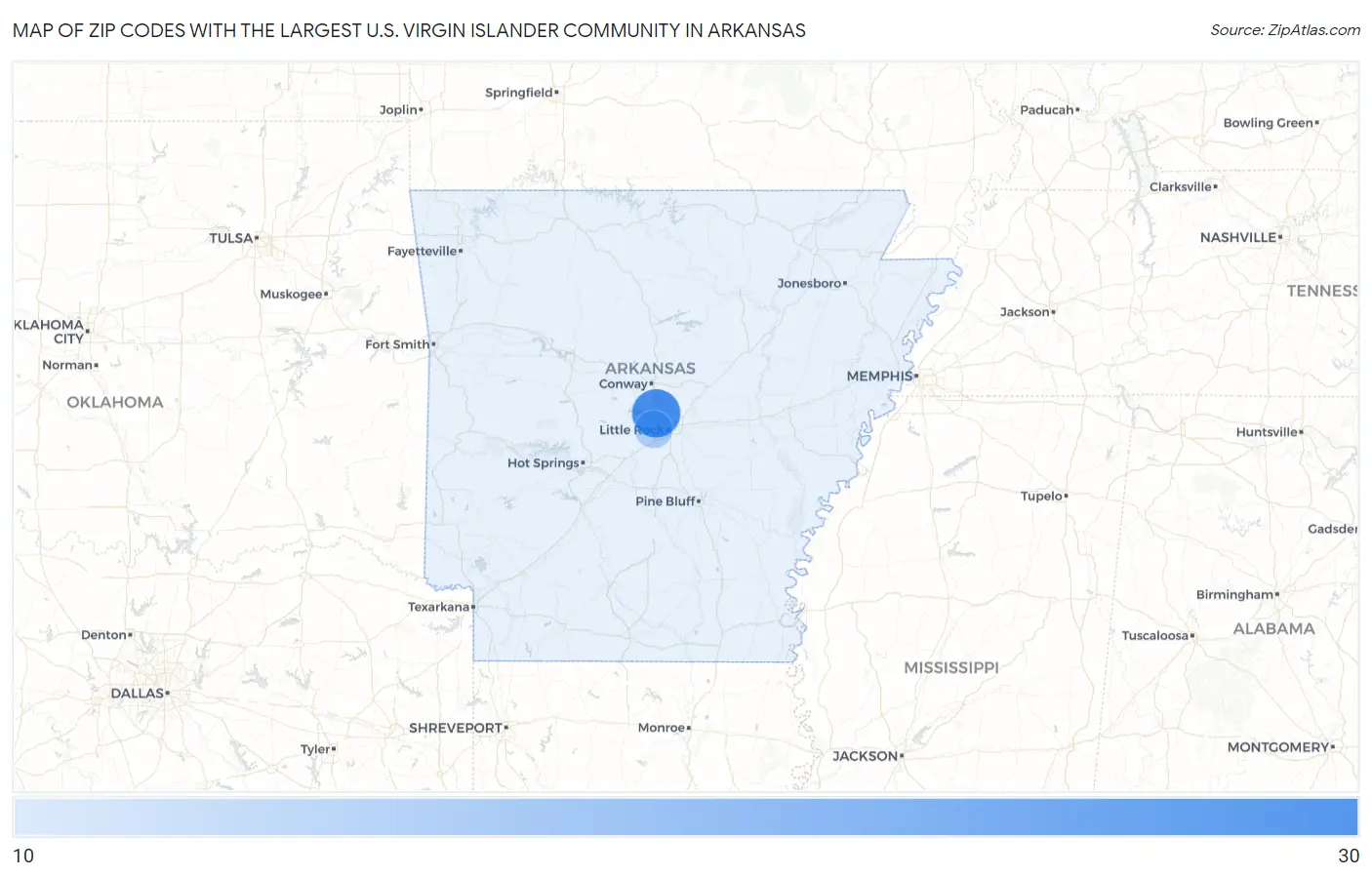 Zip Codes with the Largest U.S. Virgin Islander Community in Arkansas Map