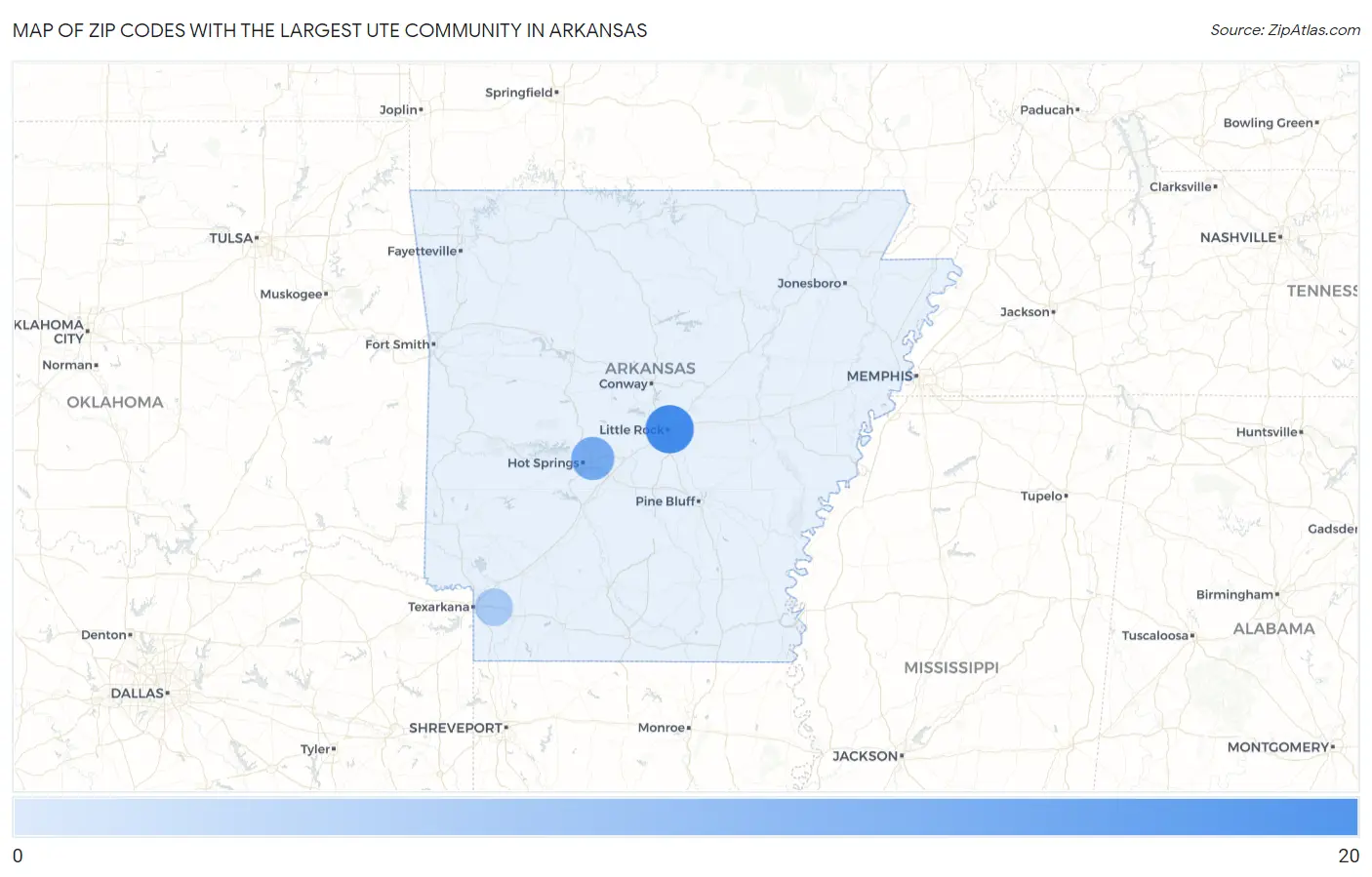 Zip Codes with the Largest Ute Community in Arkansas Map