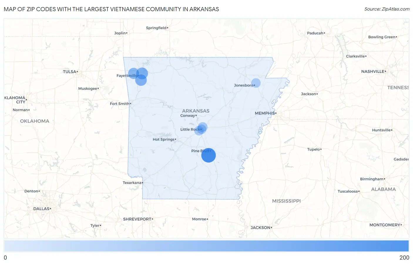 Zip Codes with the Largest Vietnamese Community in Arkansas Map