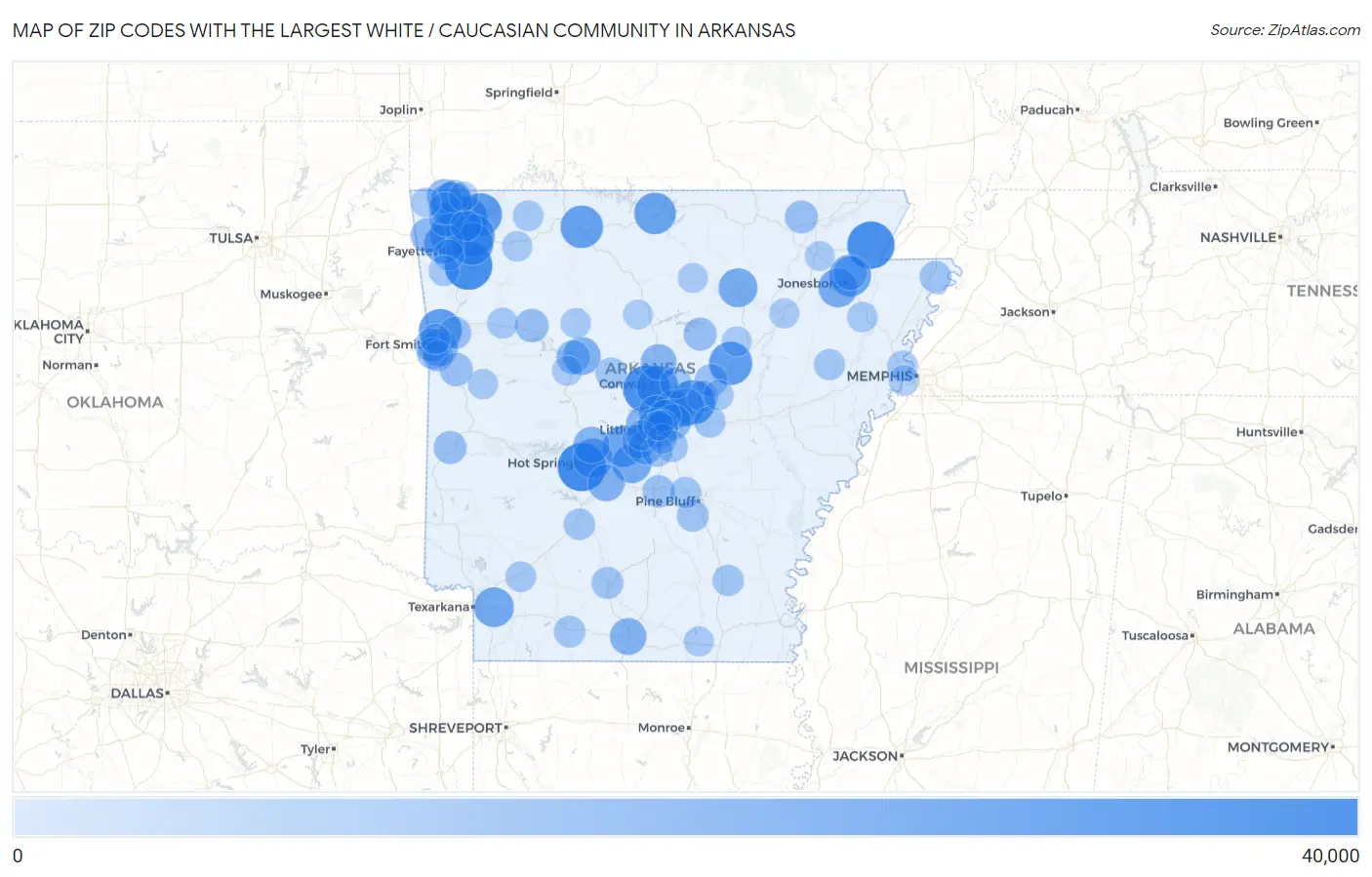 Zip Codes with the Largest White / Caucasian Community in Arkansas Map