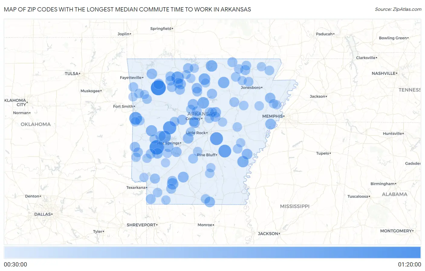 Zip Codes with the Longest Median Commute Time to Work in Arkansas Map