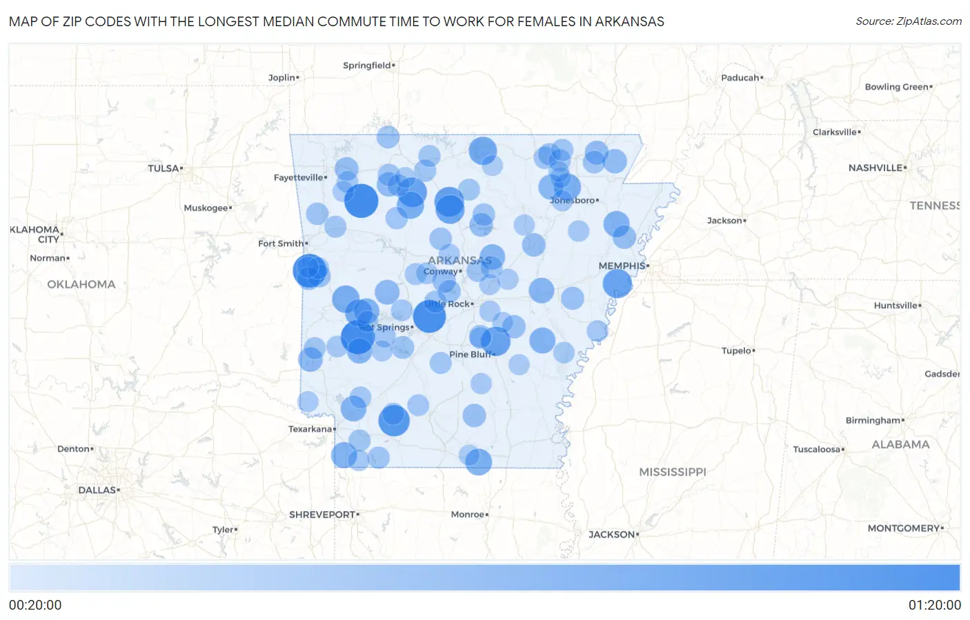 Zip Codes with the Longest Median Commute Time to Work for Females in Arkansas Map