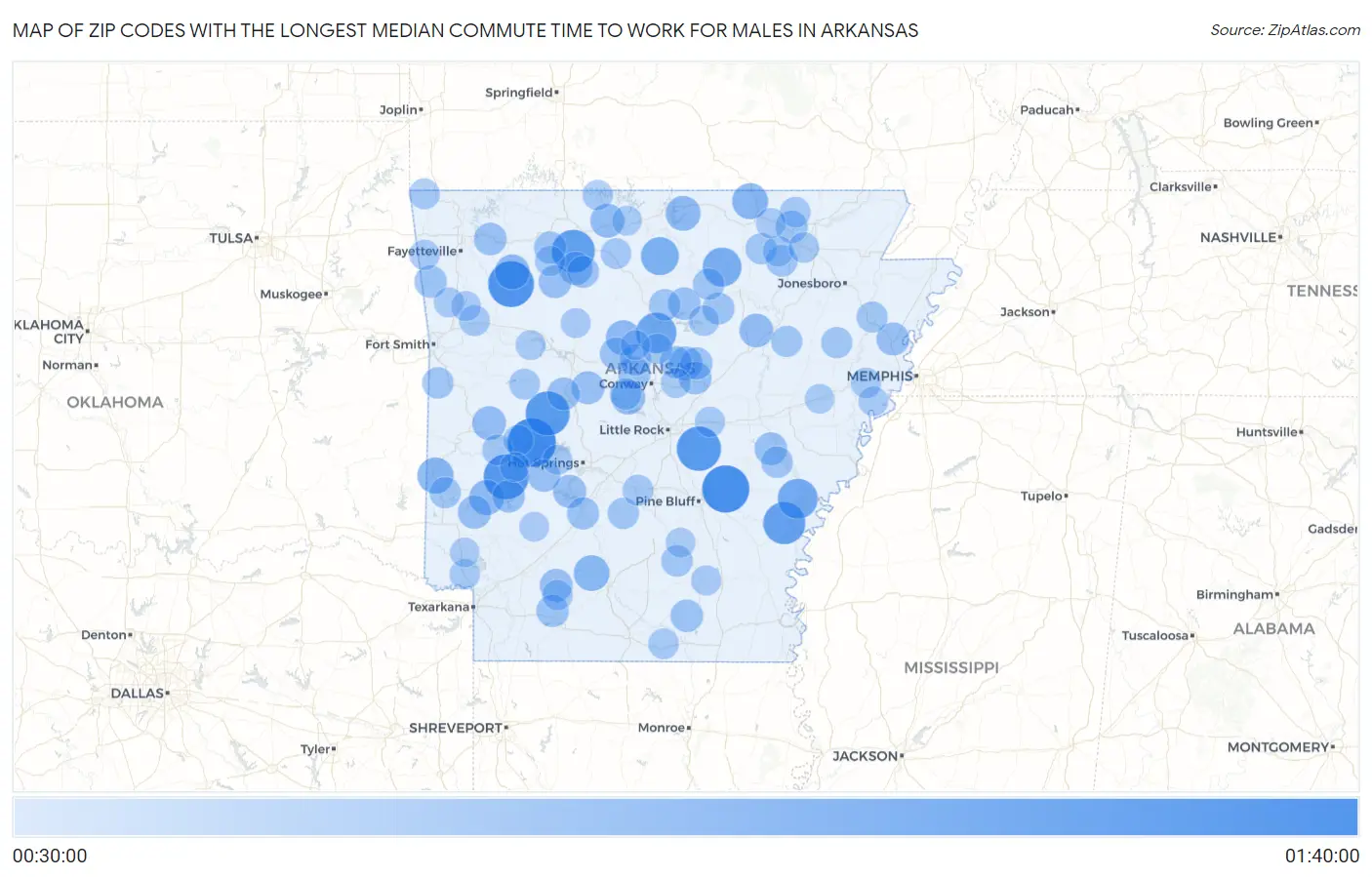Zip Codes with the Longest Median Commute Time to Work for Males in Arkansas Map