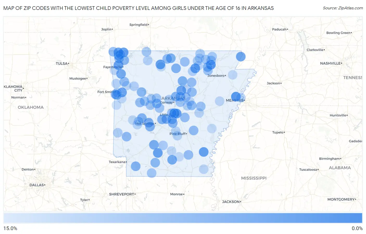 Zip Codes with the Lowest Child Poverty Level Among Girls Under the Age of 16 in Arkansas Map