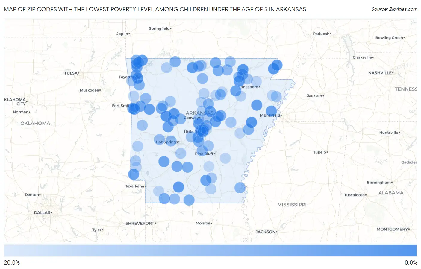 Zip Codes with the Lowest Poverty Level Among Children Under the Age of 5 in Arkansas Map