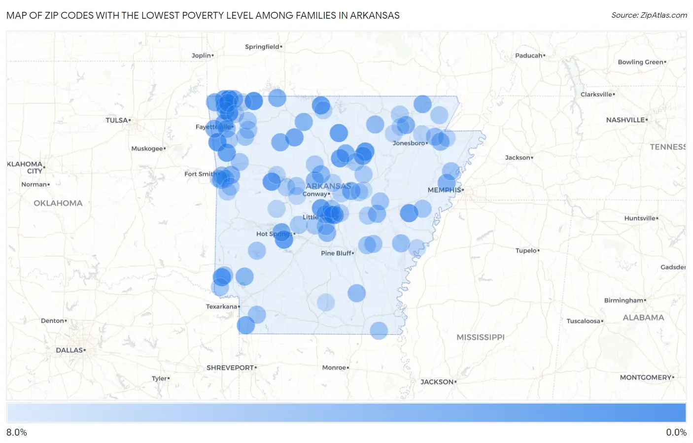 Zip Codes with the Lowest Poverty Level Among Families in Arkansas Map