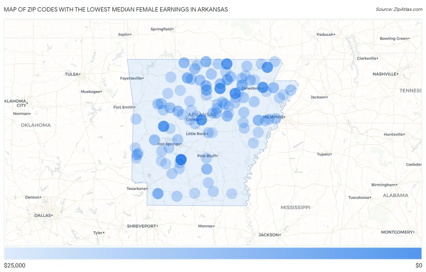 Zip Codes with the Lowest Median Female Earnings in Arkansas Map