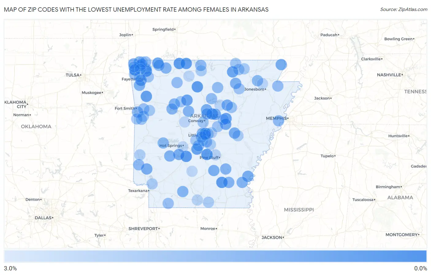 Zip Codes with the Lowest Unemployment Rate Among Females in Arkansas Map