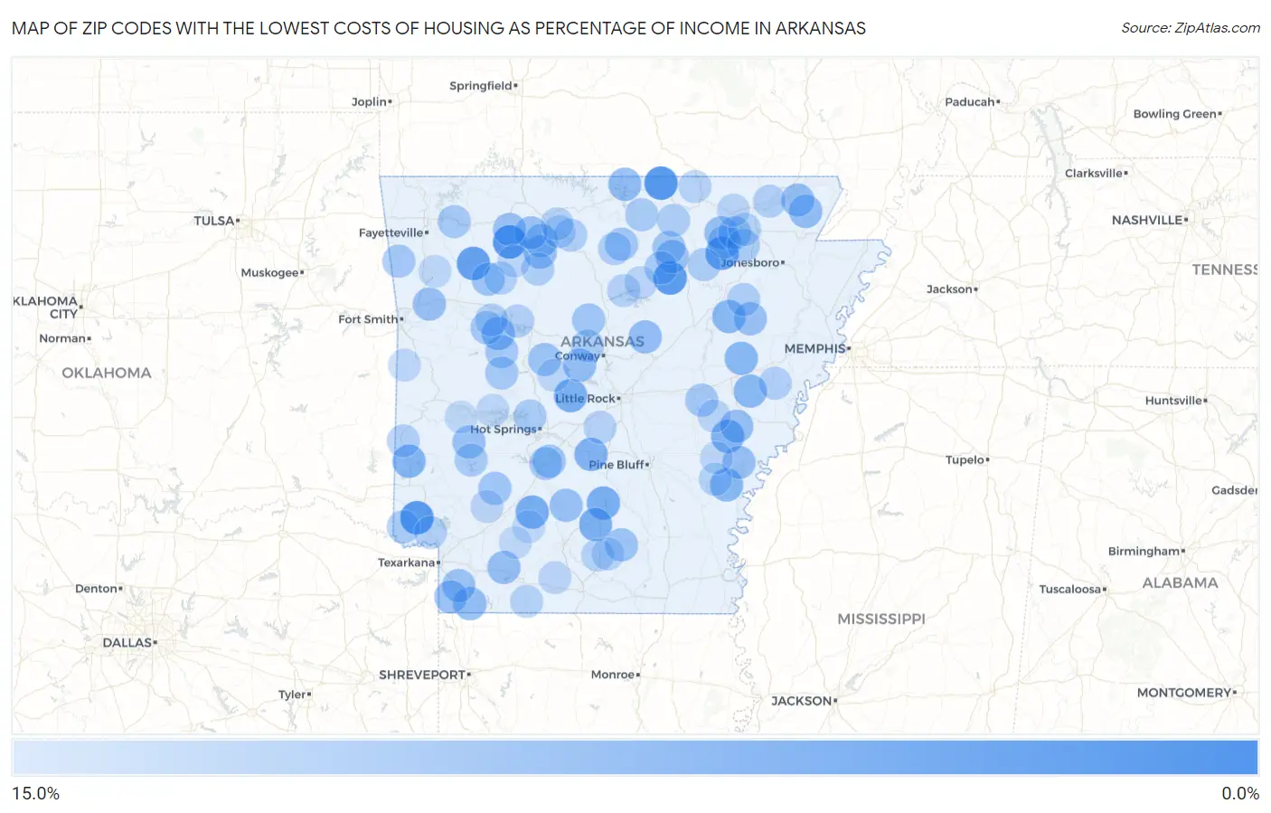 Zip Codes with the Lowest Costs of Housing as Percentage of Income in Arkansas Map