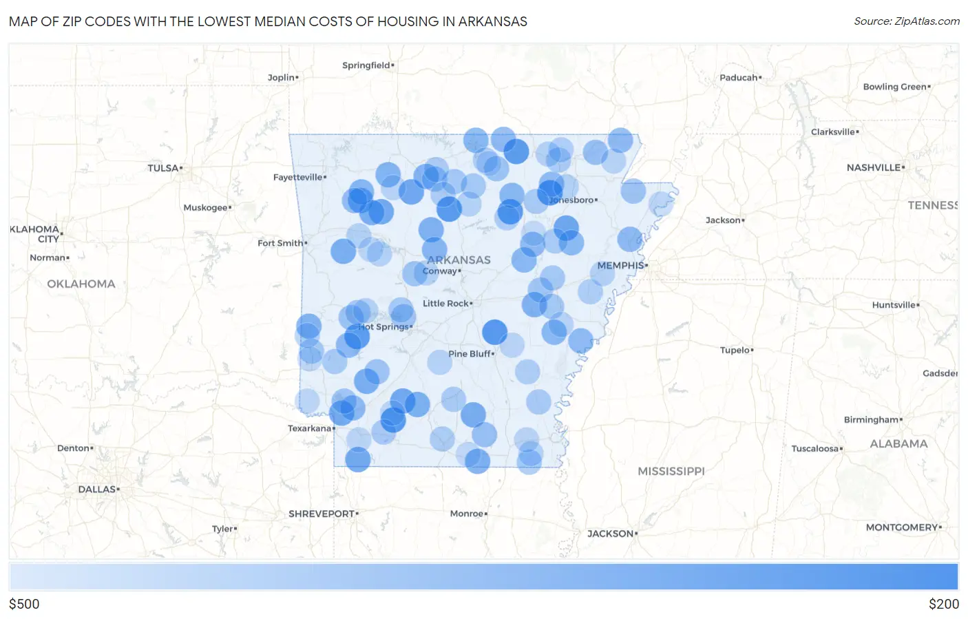 Zip Codes with the Lowest Median Costs of Housing in Arkansas Map