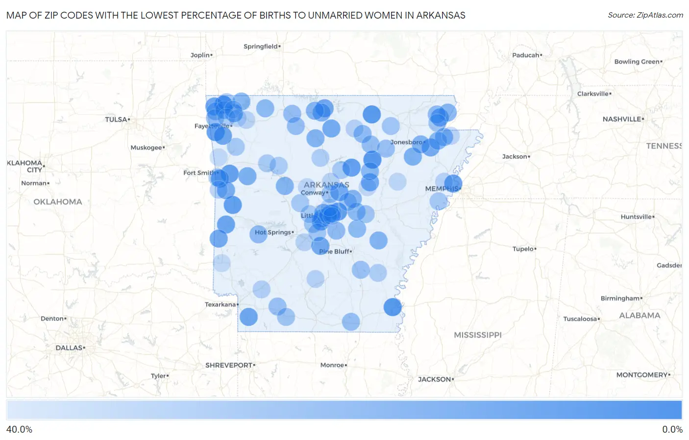 Zip Codes with the Lowest Percentage of Births to Unmarried Women in Arkansas Map