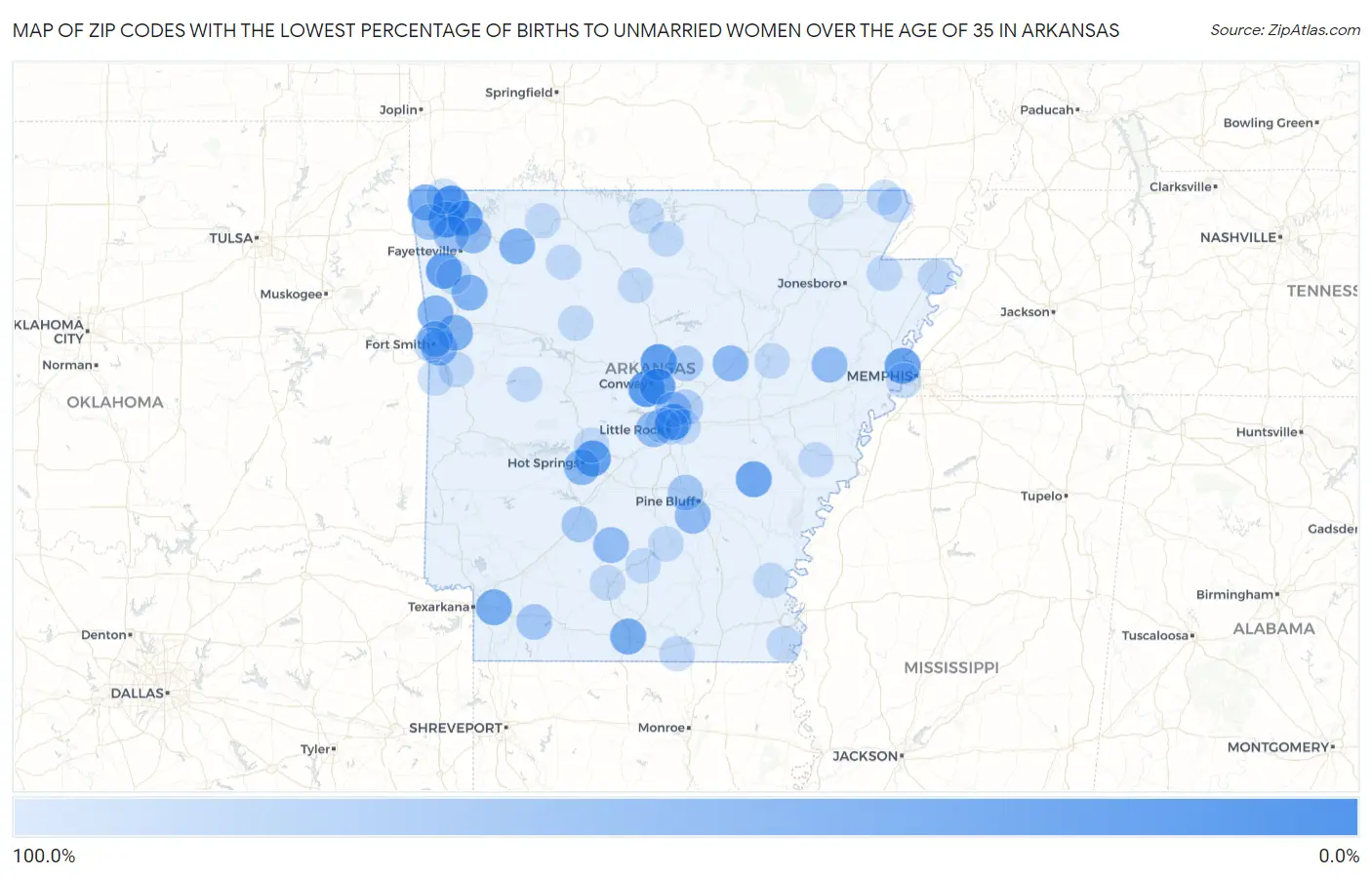 Zip Codes with the Lowest Percentage of Births to Unmarried Women over the Age of 35 in Arkansas Map