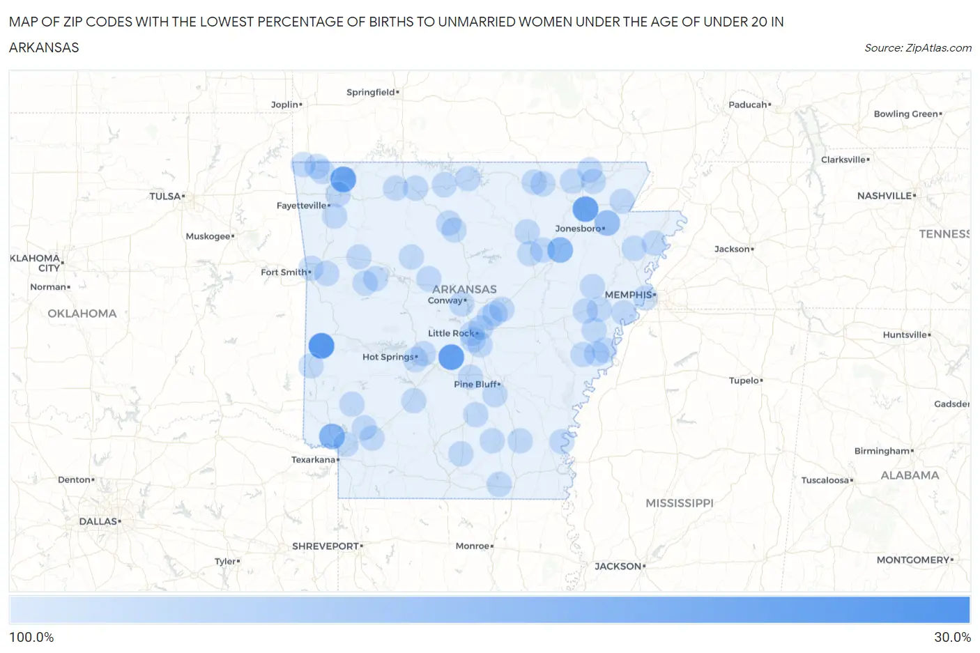 Zip Codes with the Lowest Percentage of Births to Unmarried Women under the Age of under 20 in Arkansas Map