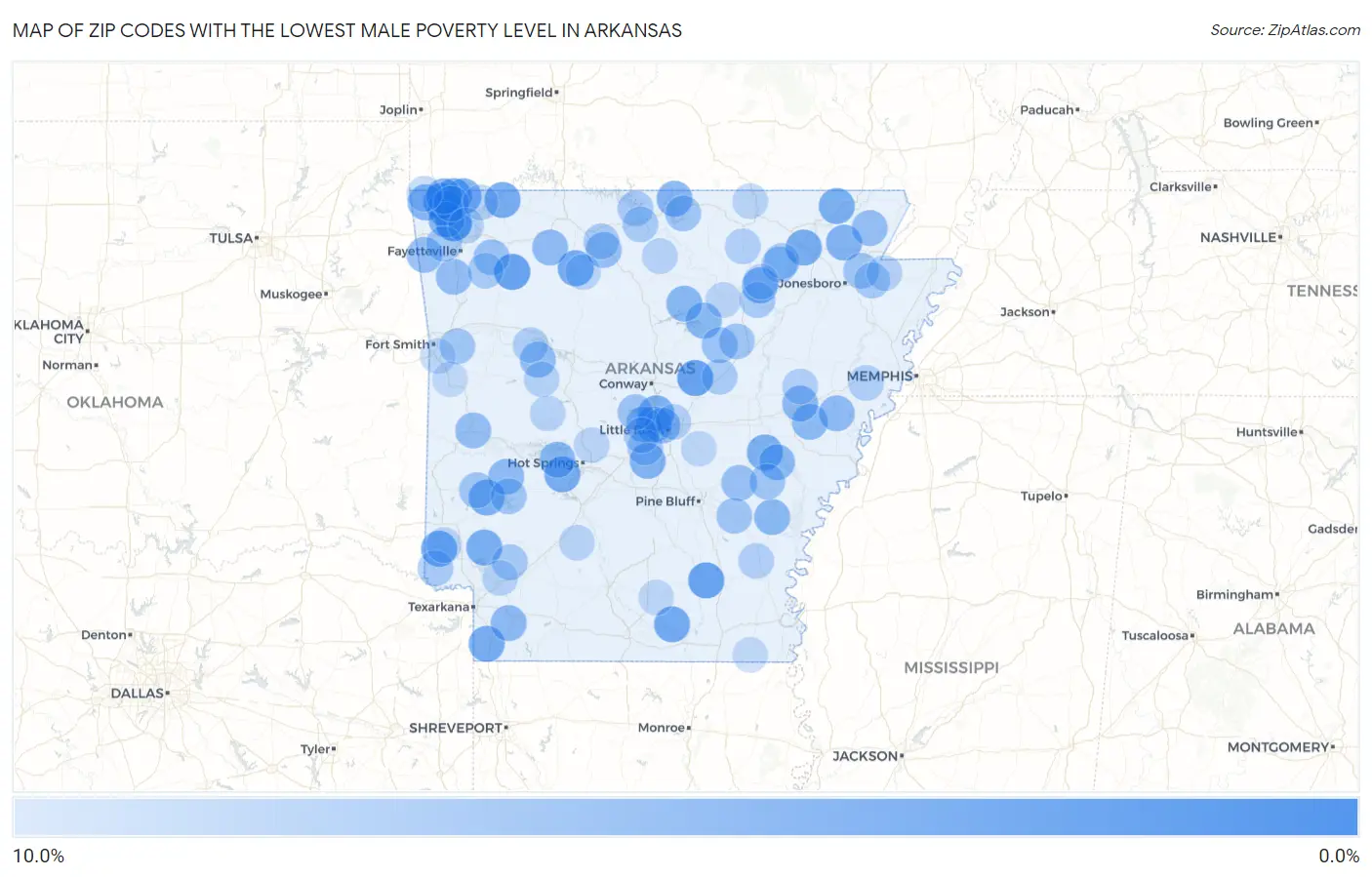 Zip Codes with the Lowest Male Poverty Level in Arkansas Map