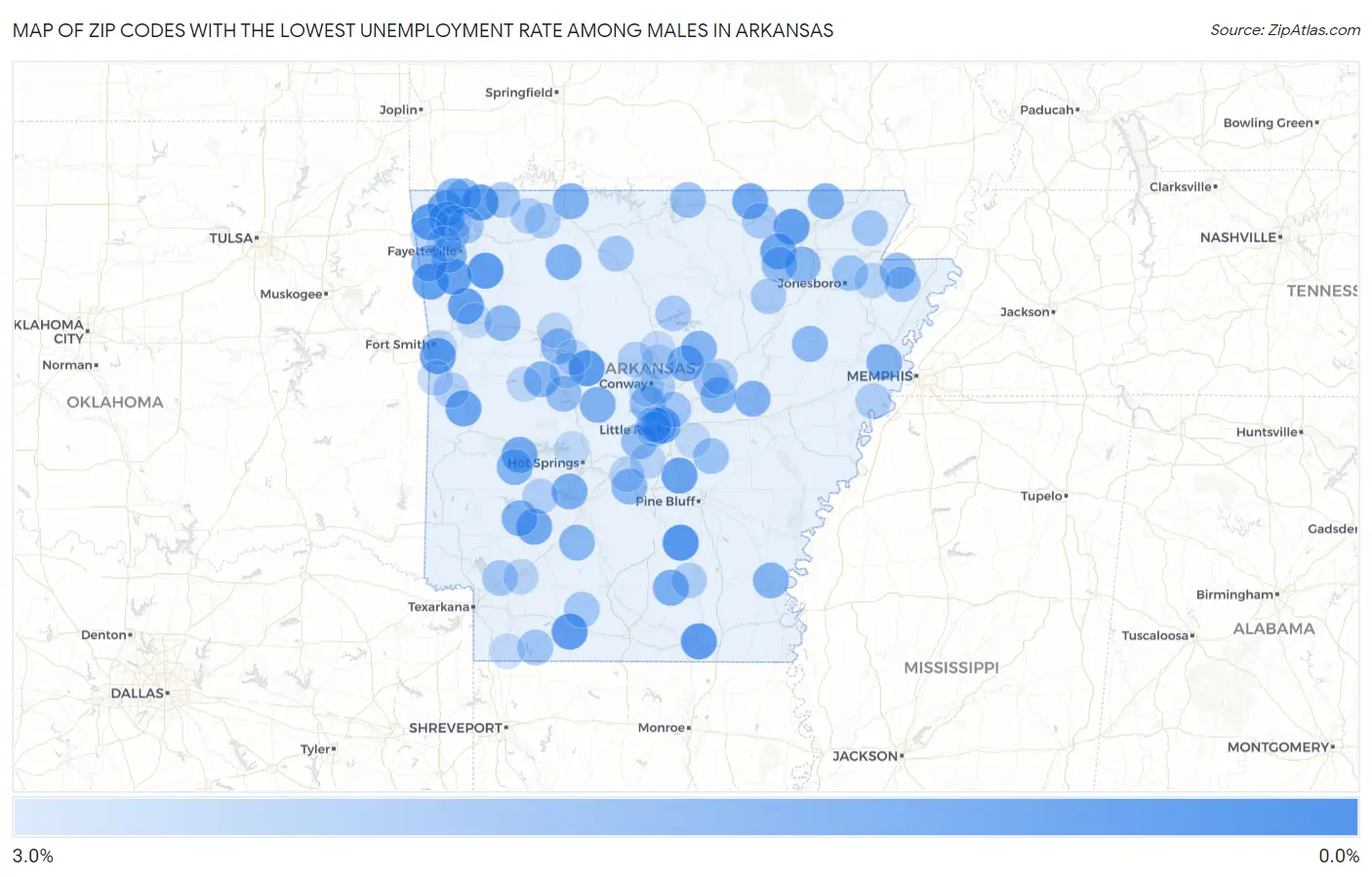 Zip Codes with the Lowest Unemployment Rate Among Males in Arkansas Map