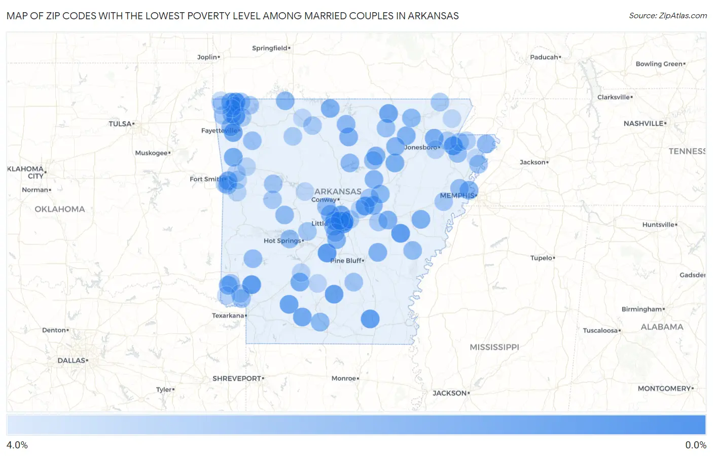 Zip Codes with the Lowest Poverty Level Among Married Couples in Arkansas Map