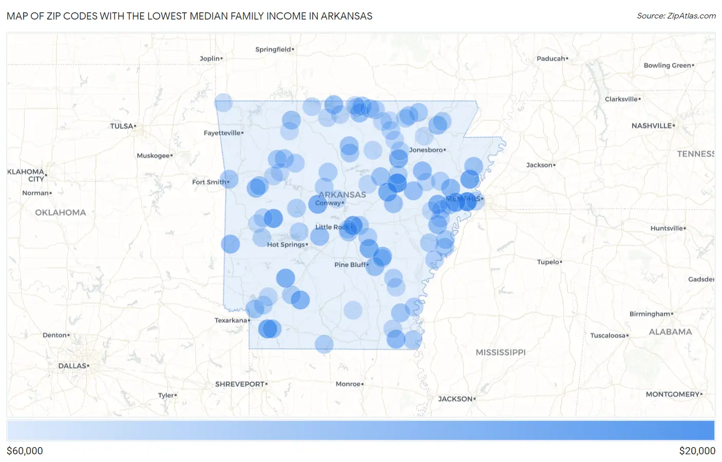 Zip Codes with the Lowest Median Family Income in Arkansas Map