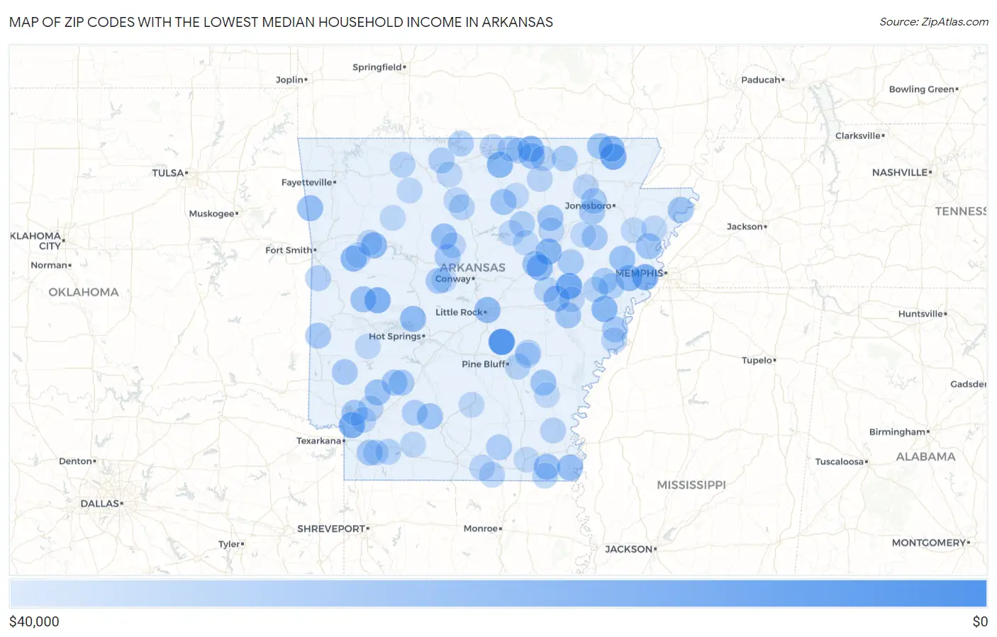 Zip Codes with the Lowest Median Household Income in Arkansas Map