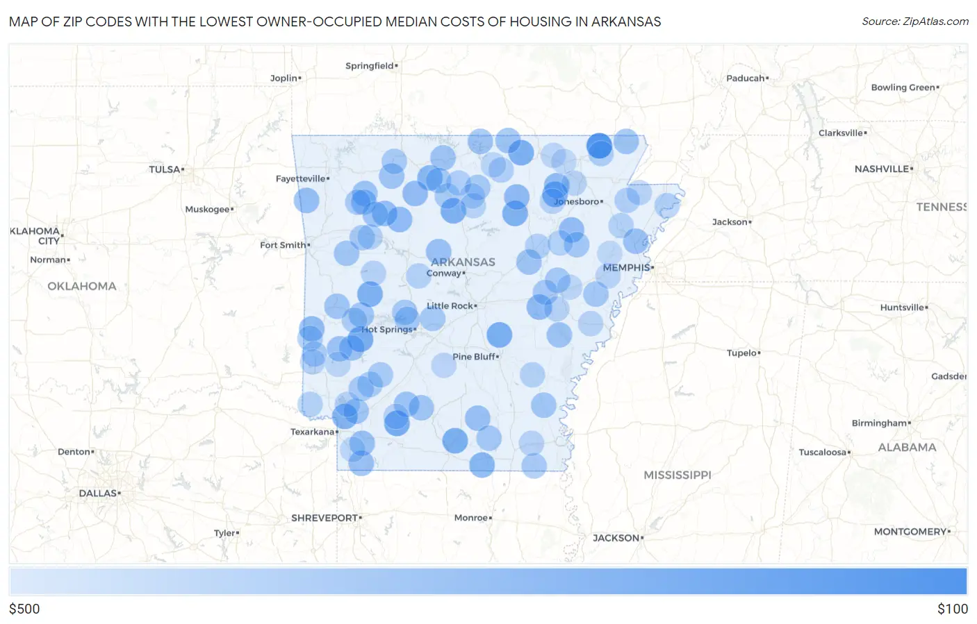 Zip Codes with the Lowest Owner-Occupied Median Costs of Housing in Arkansas Map