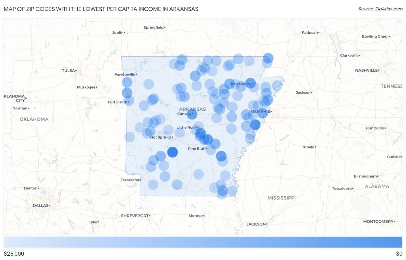 Zip Codes with the Lowest Per Capita Income in Arkansas Map