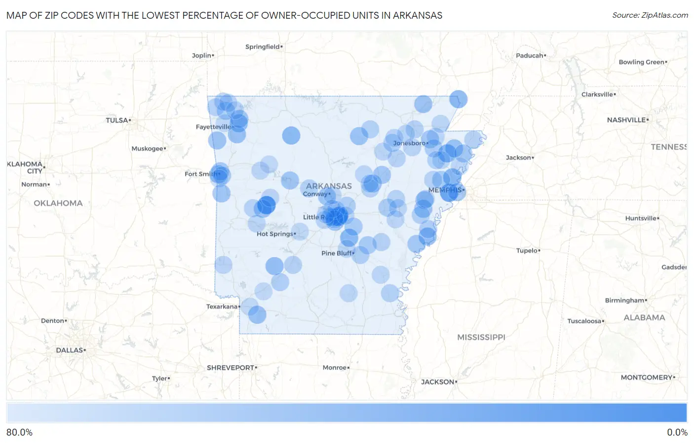 Zip Codes with the Lowest Percentage of Owner-Occupied Units in Arkansas Map