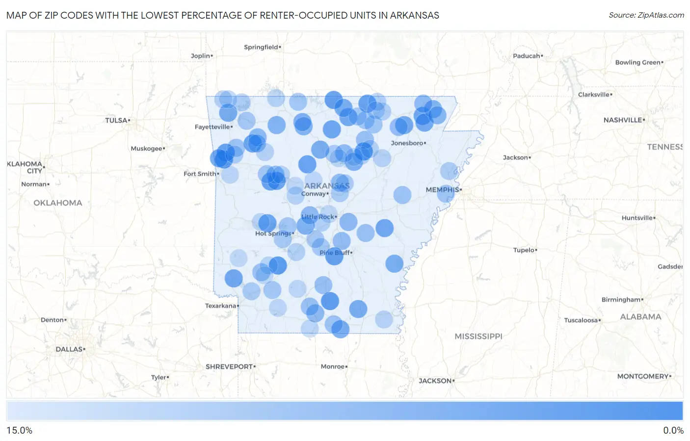 Zip Codes with the Lowest Percentage of Renter-Occupied Units in Arkansas Map