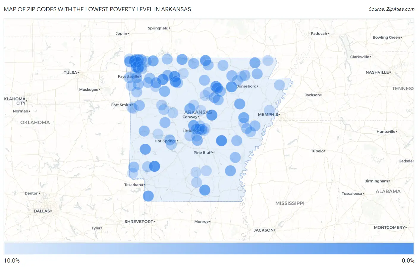 Zip Codes with the Lowest Poverty Level in Arkansas Map