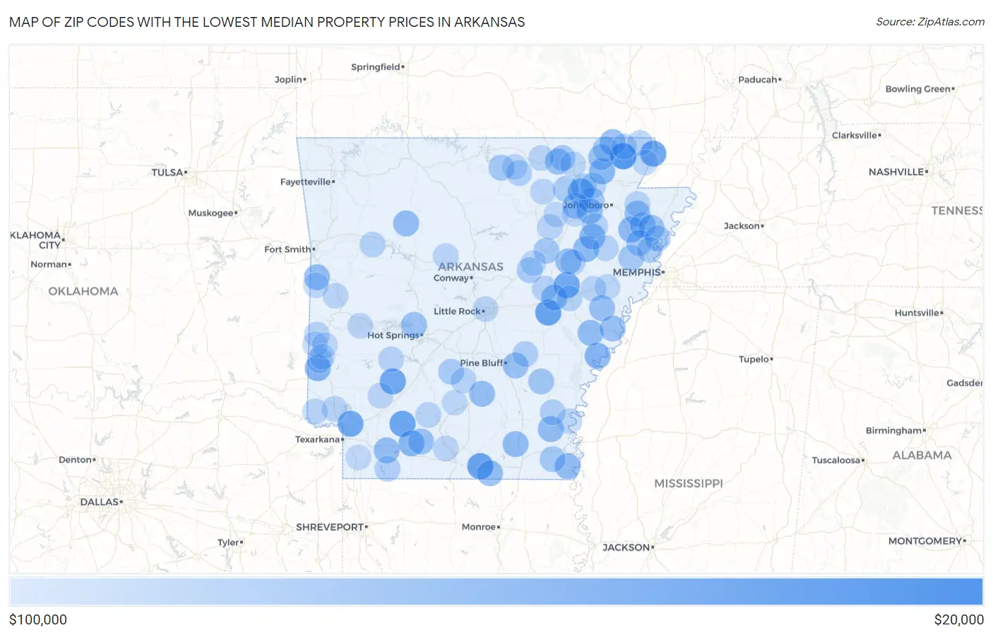 Zip Codes with the Lowest Median Property Prices in Arkansas Map