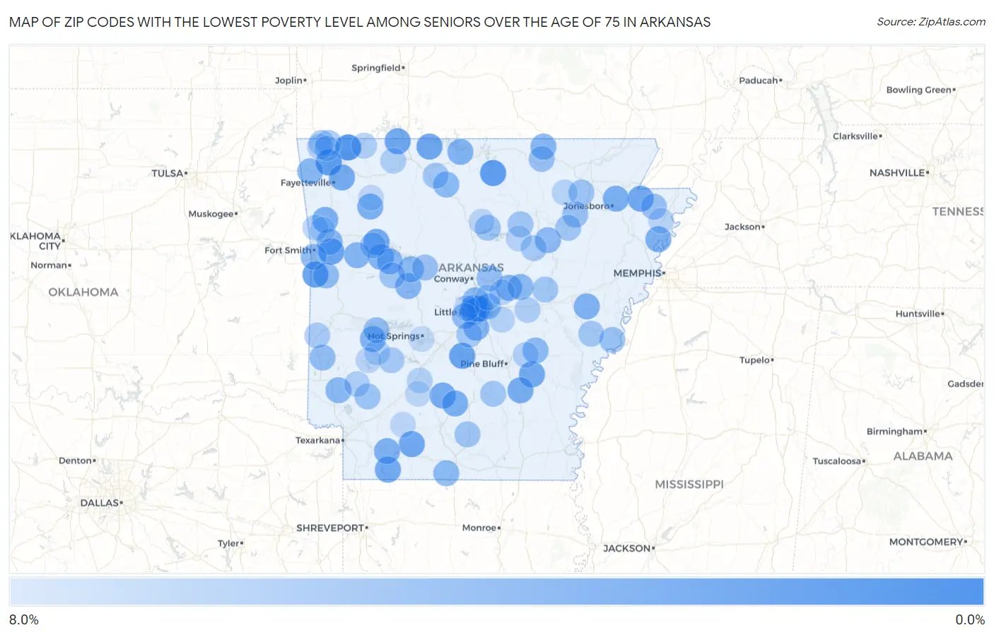 Zip Codes with the Lowest Poverty Level Among Seniors Over the Age of 75 in Arkansas Map