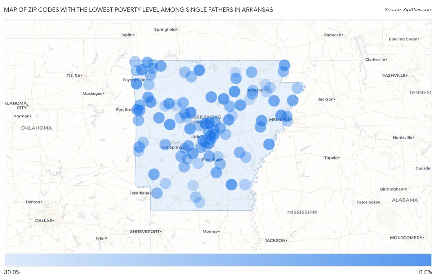 Zip Codes with the Lowest Poverty Level Among Single Fathers in Arkansas Map