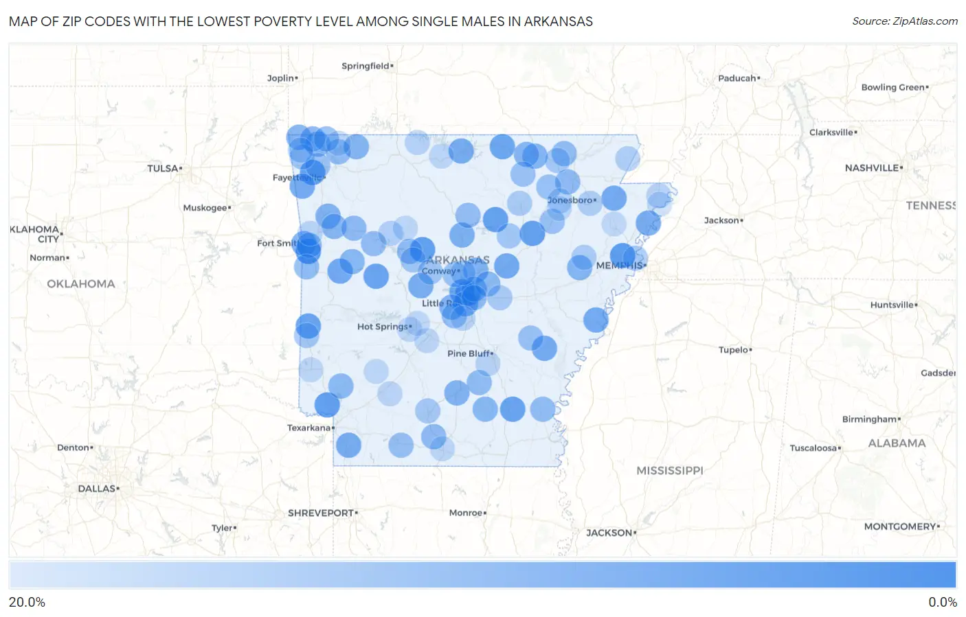 Zip Codes with the Lowest Poverty Level Among Single Males in Arkansas Map