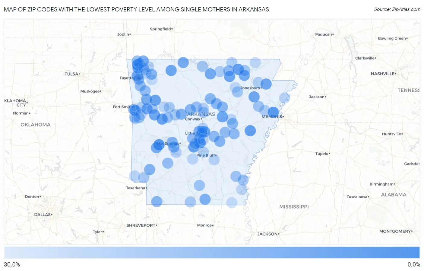 Zip Codes with the Lowest Poverty Level Among Single Mothers in Arkansas Map