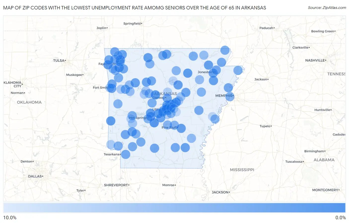 Zip Codes with the Lowest Unemployment Rate Amomg Seniors Over the Age of 65 in Arkansas Map