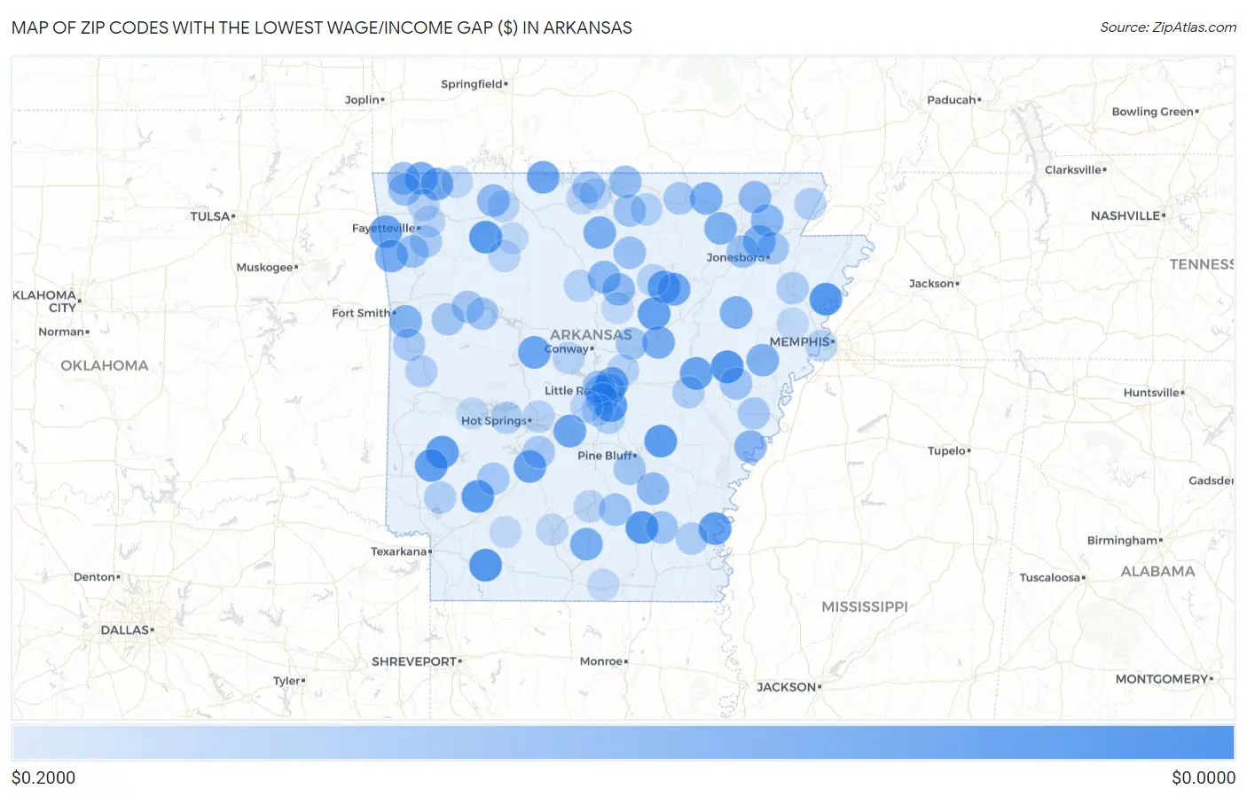 Zip Codes with the Lowest Wage/Income Gap ($) in Arkansas Map