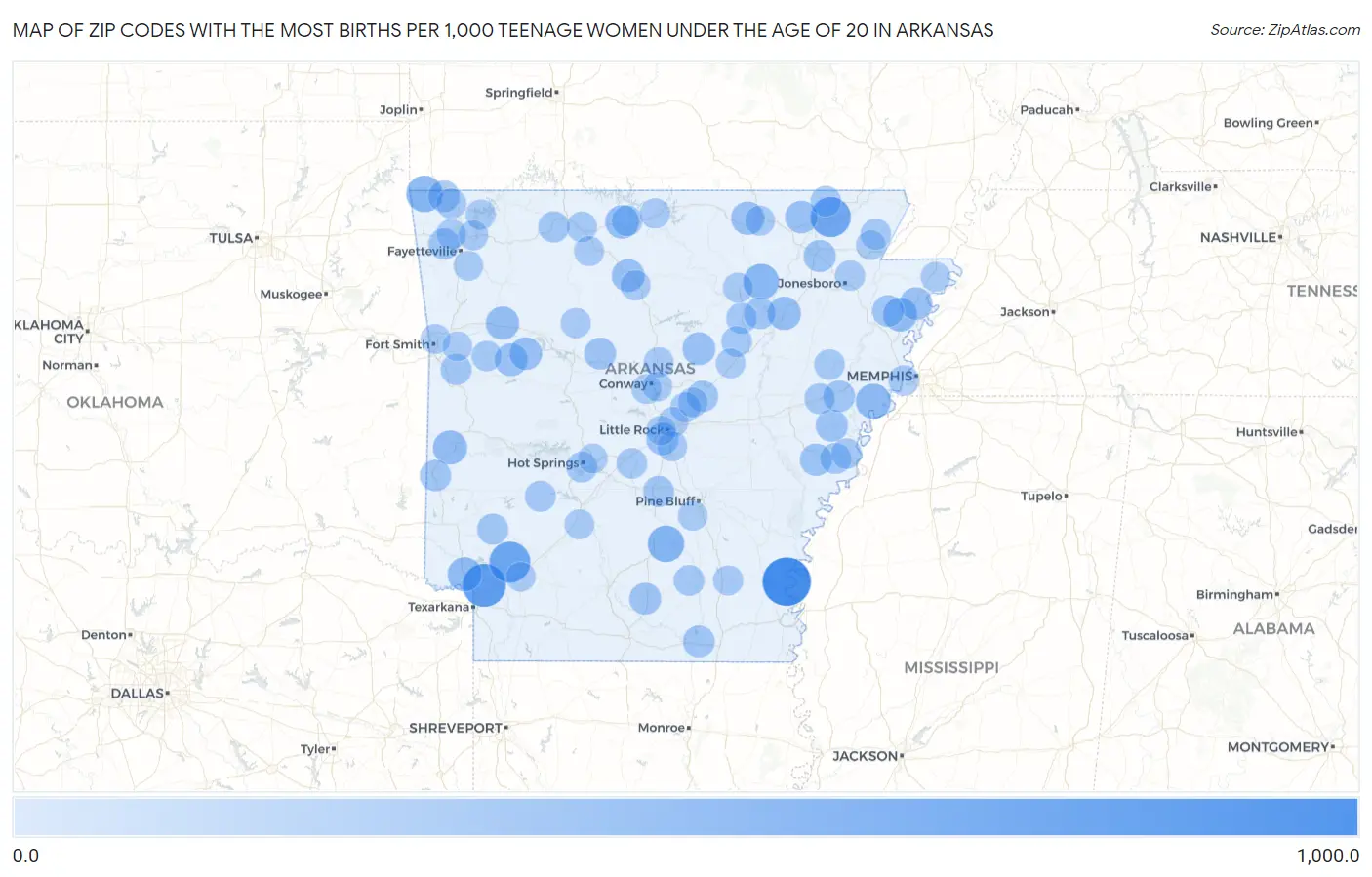 Zip Codes with the Most Births per 1,000 Teenage Women Under the Age of 20 in Arkansas Map