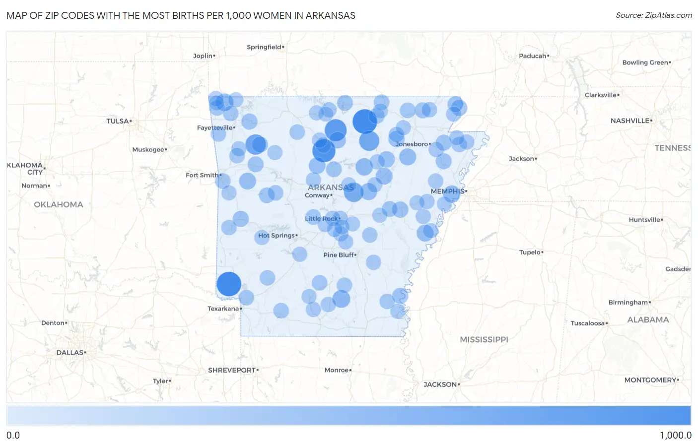 Zip Codes with the Most Births per 1,000 Women in Arkansas Map