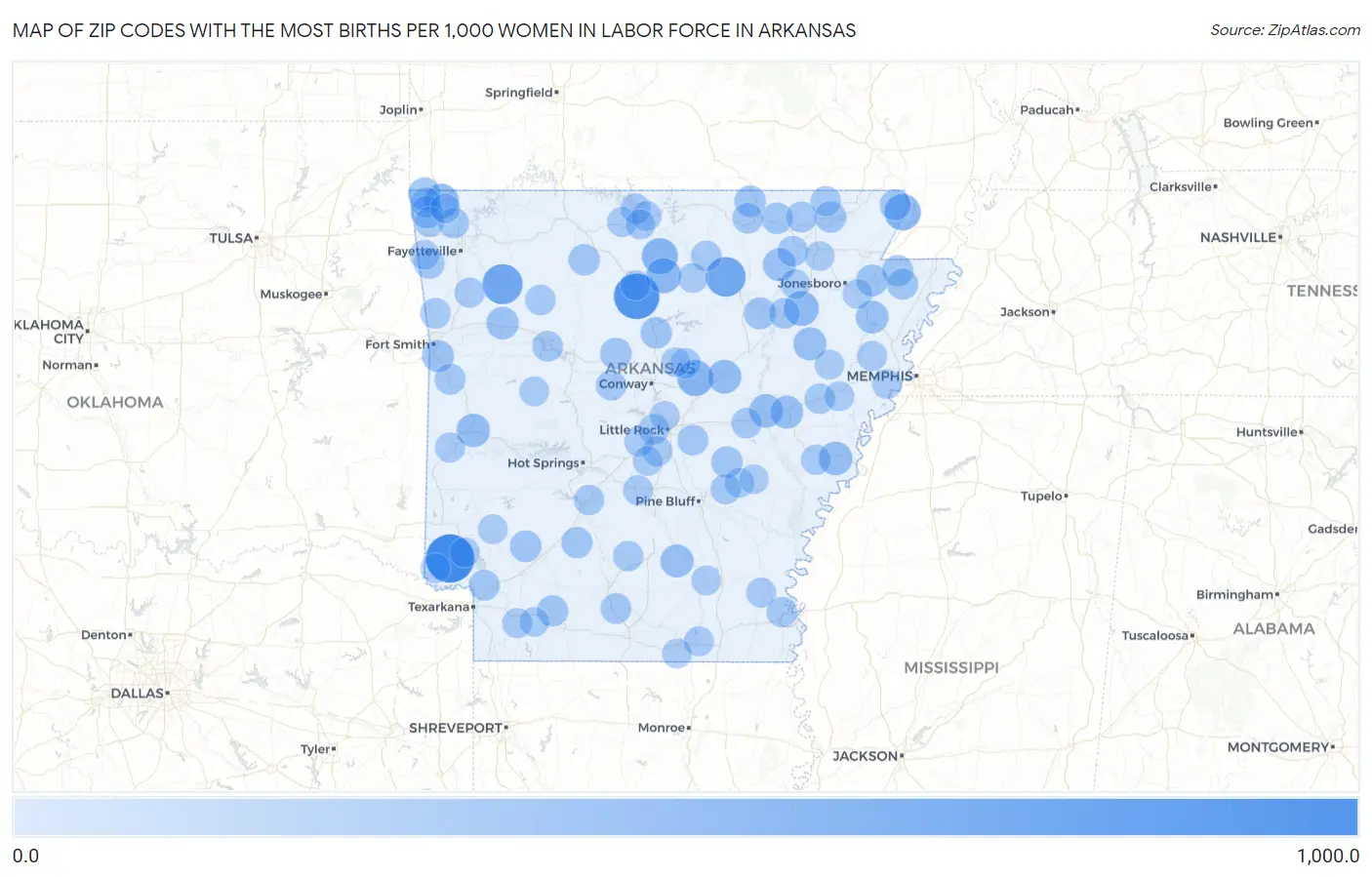 Zip Codes with the Most Births per 1,000 Women in Labor Force in Arkansas Map