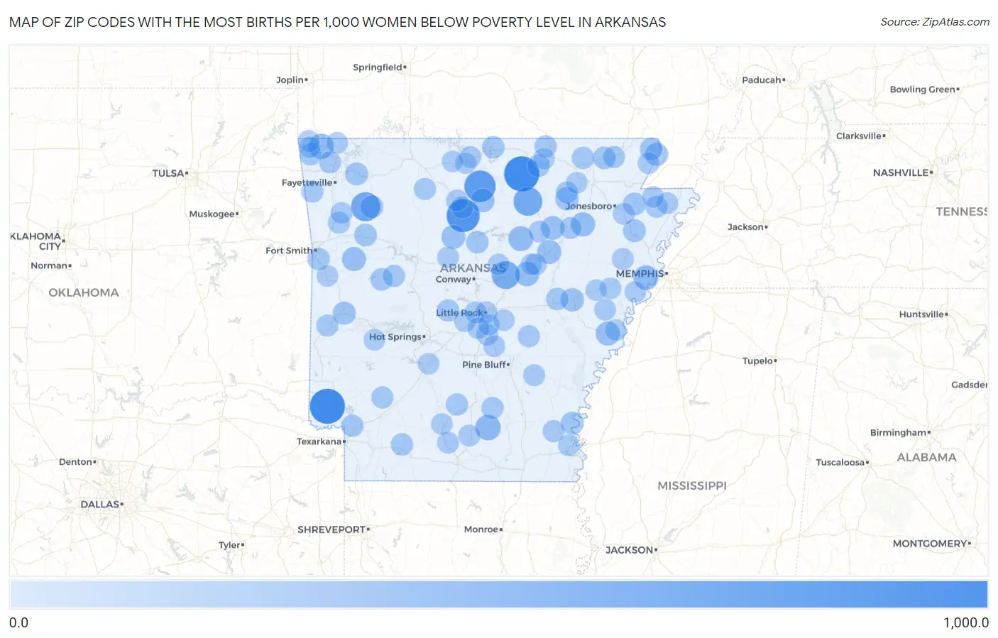 Zip Codes with the Most Births per 1,000 Women Below Poverty Level in Arkansas Map