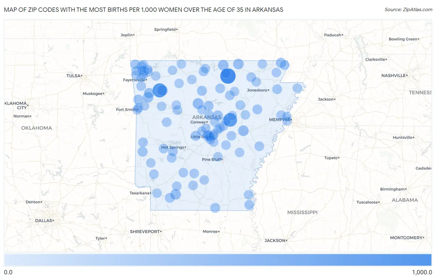 Zip Codes with the Most Births per 1,000 Women Over the Age of 35 in Arkansas Map