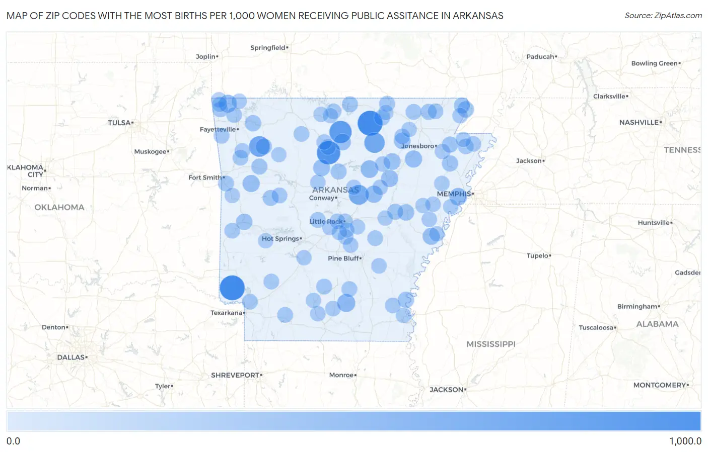 Zip Codes with the Most Births per 1,000 Women Receiving Public Assitance in Arkansas Map