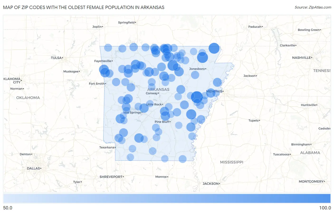 Zip Codes with the Oldest Female Population in Arkansas Map