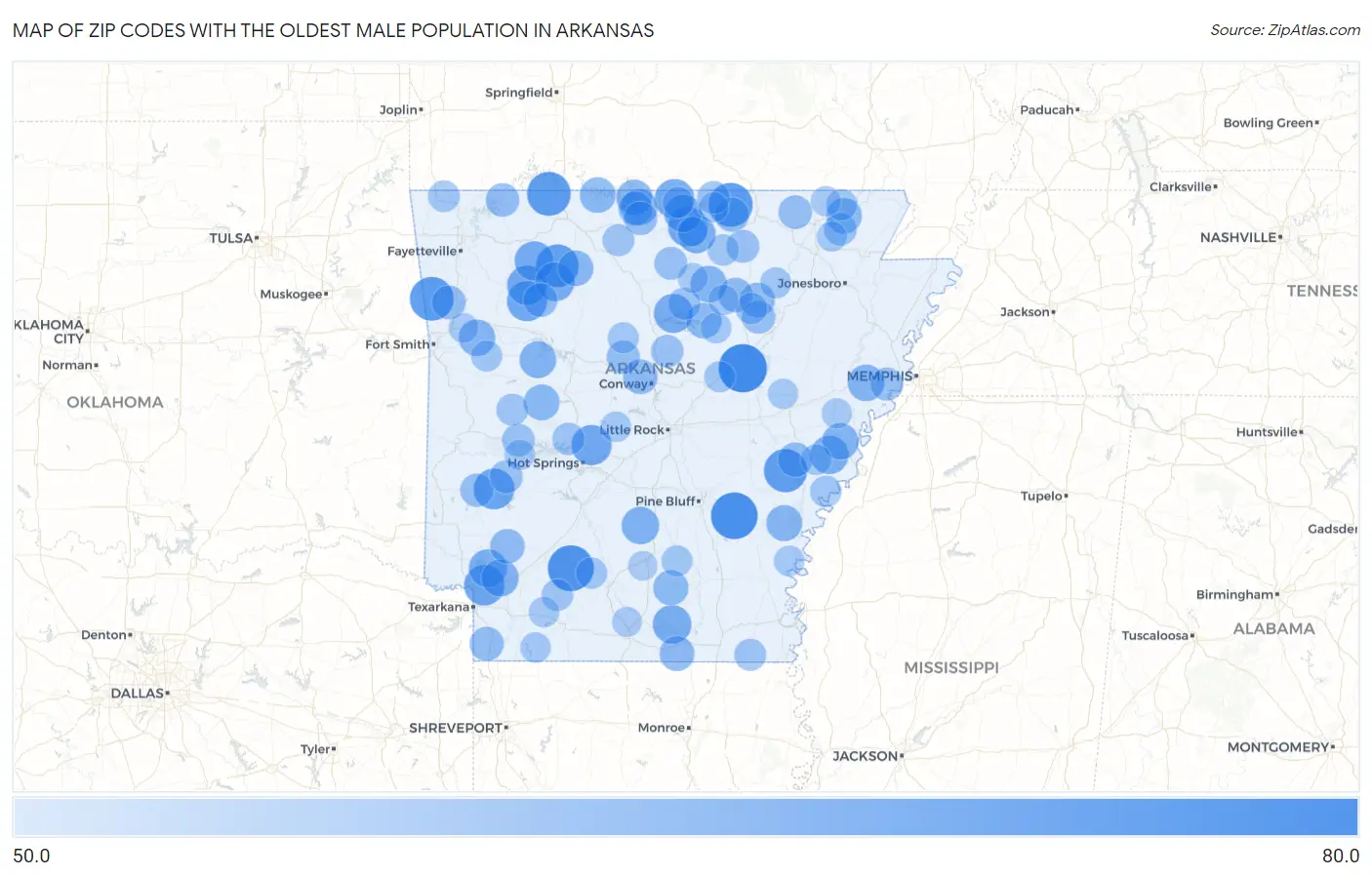 Zip Codes with the Oldest Male Population in Arkansas Map