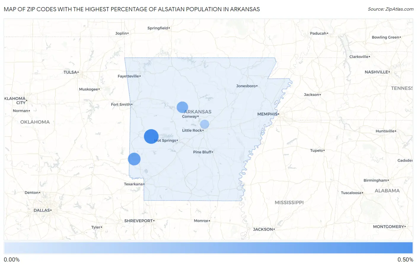 Zip Codes with the Highest Percentage of Alsatian Population in Arkansas Map