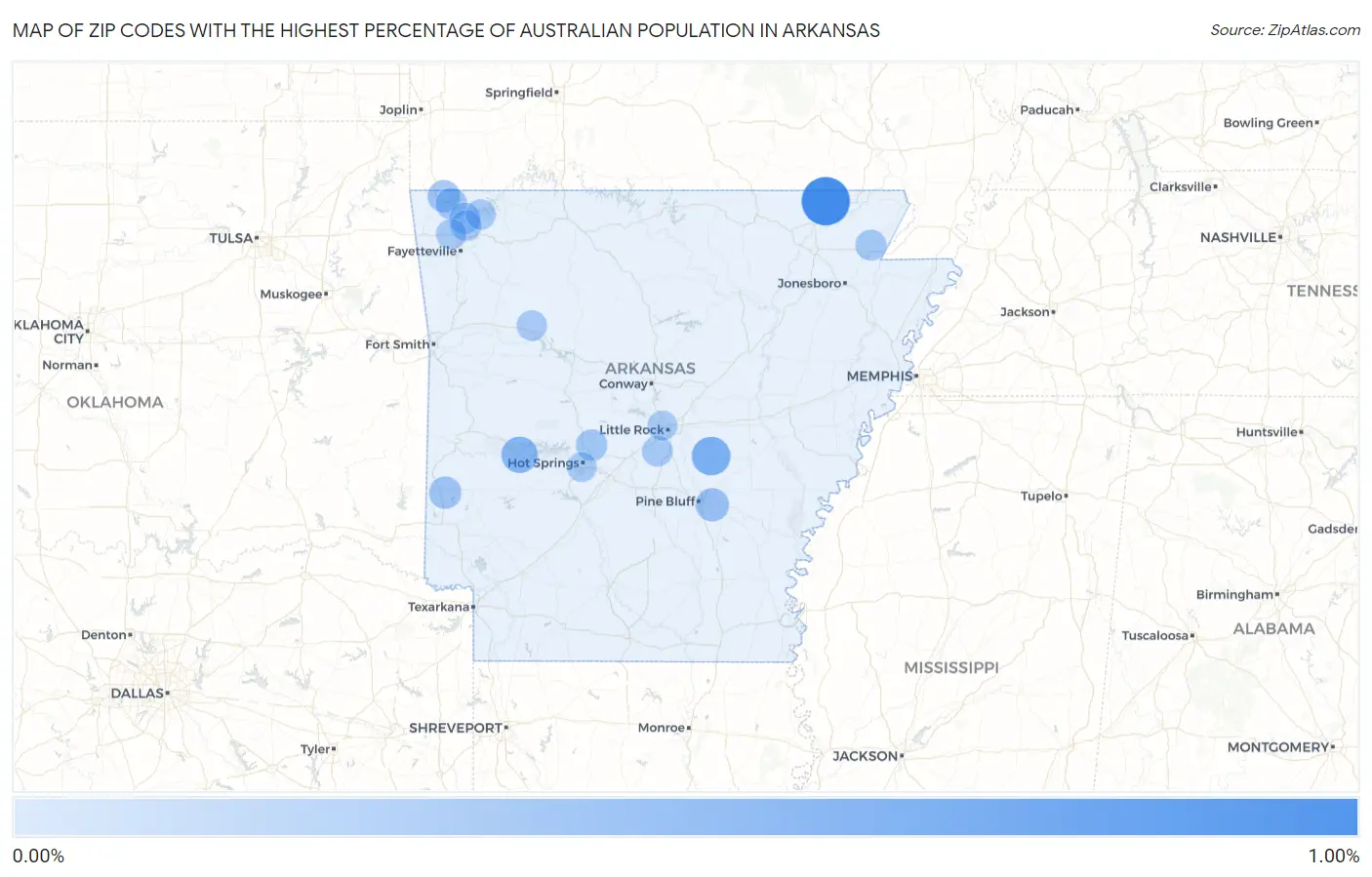 Zip Codes with the Highest Percentage of Australian Population in Arkansas Map